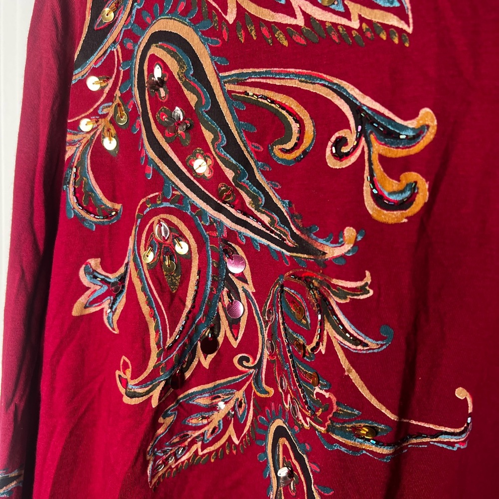 🚫SOLD🚫Chico's Burgundy Paisley Embellished Long Sleeve Top Women's XL Chico's 3 - Picture 4 of 6